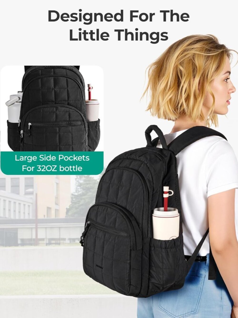 Travel Backpack for Women, 15.6" College Laptop Backpack, Black - Picture 5 of 9